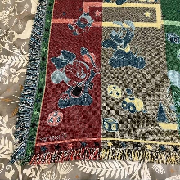 90s Vintage 45” x 53” Disney baby blanket fringe blue white Mickey Mouse toys - Picture 10 of 10